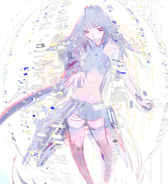 Anime picture 1000x1093 with original nimirom single tall image looking at viewer short hair white background bare shoulders blue hair pleated skirt pink eyes abstract girl thighhighs navel hands