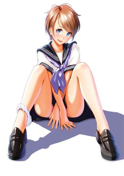 Anime picture 724x1023 with original nanahime (aoi) single tall image looking at viewer blush short hair open mouth blue eyes light erotic simple background brown hair white background girl uniform serafuku shoes