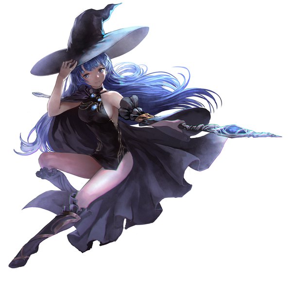 Anime picture 1400x1412 with original iori (cpeilad) single long hair tall image fringe breasts light erotic simple background white background blue hair looking away full body grey eyes sideboob witch girl dress hat boots