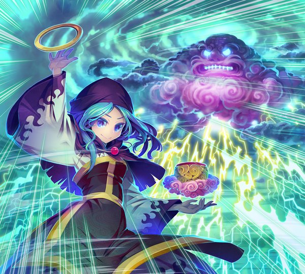 Anime picture 1000x900 with touhou kumoi ichirin unzan zounose long hair looking at viewer blue eyes smile cloud (clouds) aqua hair glowing glowing eye (eyes) clenched teeth lightning girl dress hood ring necklace