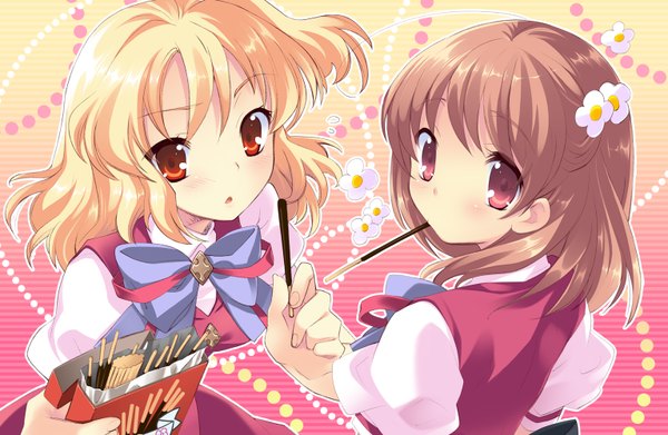 Anime picture 1533x1000 with flyable heart inaba yui sumeragi amane tagme (artist) blonde hair red eyes multiple girls hair flower girl hair ornament 2 girls food sweets pocky