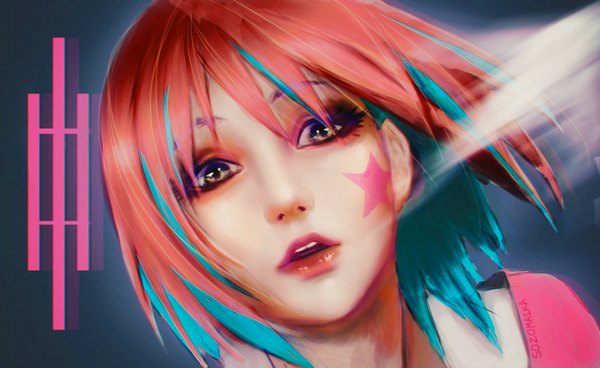Anime picture 2048x1259 with animatrix yoko (animatrix) sozomaika single looking at viewer fringe highres short hair open mouth wide image blue hair pink hair multicolored hair two-tone hair grey eyes tattoo close-up colored inner hair eyeshadow girl