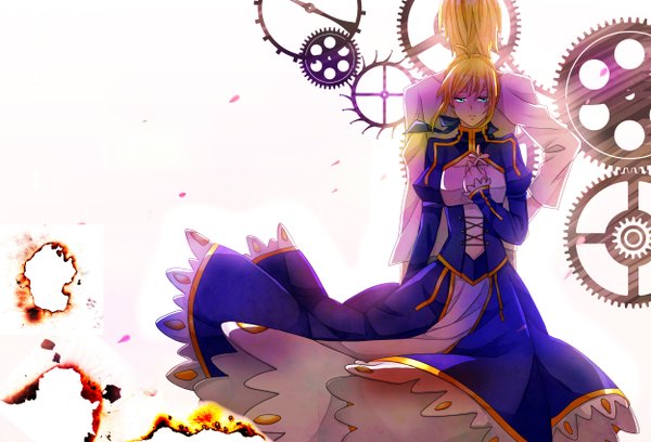 Anime picture 2500x1700 with fate (series) fate/stay night fate/zero studio deen type-moon artoria pendragon (all) saber gilgamesh (fate) highres short hair blue eyes simple background blonde hair white background back girl dress boy petals gears