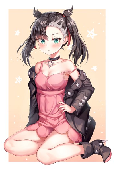 Anime picture 2000x2971 with pokemon pokemon (game) pokemon swsh nintendo marnie (pokemon) wabbajack single tall image looking at viewer blush fringe highres short hair black hair simple background sitting twintails bare shoulders cleavage full body