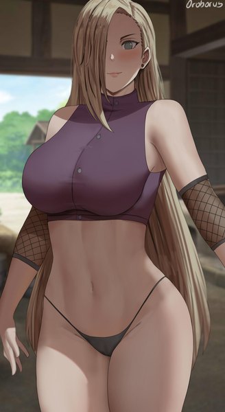 Anime picture 1280x2342 with naruto studio pierrot naruto (series) yamanaka ino oroborus single long hair tall image looking at viewer blush fringe breasts light erotic blonde hair smile large breasts standing signed indoors aqua eyes