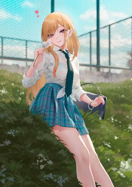 Anime picture 3598x5076 with sono bisque doll wa koi wo suru cloverworks kitagawa marin cirilla single long hair tall image looking at viewer blush highres blonde hair smile red eyes sitting holding payot absurdres sky cloud (clouds) outdoors