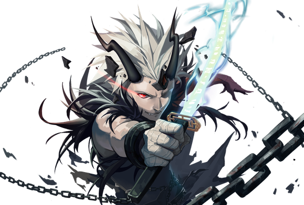 Anime picture 1748x1181 with dungeon and fighter yi yan single highres short hair red eyes silver hair horn (horns) teeth fang (fangs) transparent background demon glowing weapon demon boy boy weapon sword katana fur chain