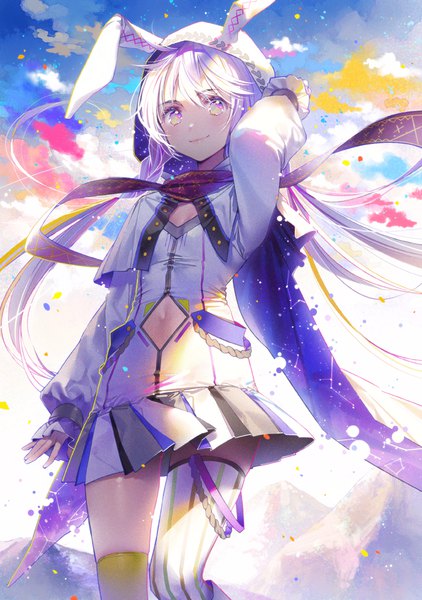 Anime picture 700x995 with original dsmile single long hair tall image looking at viewer fringe smile hair between eyes purple eyes twintails animal ears cloud (clouds) white hair pleated skirt arm up bunny ears zettai ryouiki low twintails arm behind head