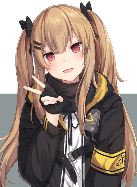 Anime picture 1100x1504 with girls frontline ump9 (girls frontline) nachi single long hair tall image looking at viewer blush fringe open mouth simple background hair between eyes red eyes brown hair payot upper body head tilt :d open jacket victory