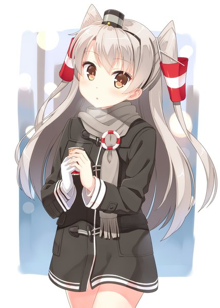 Anime picture 800x1122 with kantai collection amatsukaze destroyer hyuuga azuri single long hair tall image looking at viewer blush holding brown eyes silver hair two side up girl dress hair ornament hat scarf short dress hair tubes single glove