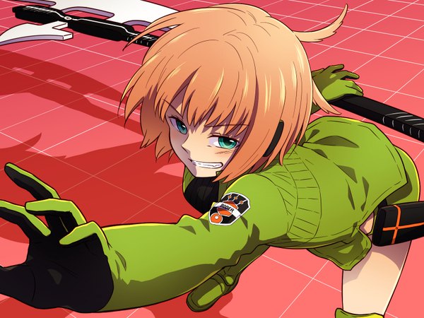 Anime picture 800x600 with world trigger toei animation konami kirie katao single blush short hair brown hair aqua eyes from above shadow outstretched arm floor clenched teeth girl weapon