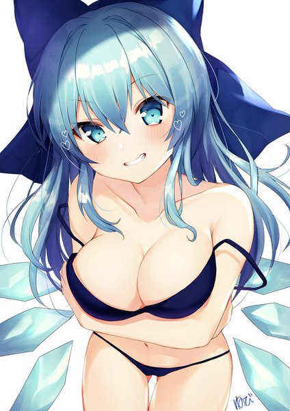Anime picture 864x1222 with touhou cirno nenobi (nenorium) single long hair tall image looking at viewer blush fringe breasts blue eyes light erotic simple background hair between eyes large breasts white background blue hair symbol-shaped pupils alternate hairstyle breast hold