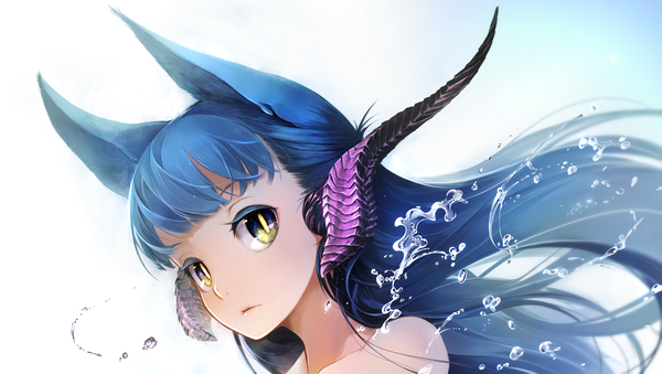 Anime picture 4093x2319 with original yunar single long hair looking at viewer fringe highres short hair wide image bare shoulders animal ears yellow eyes blue hair absurdres multicolored hair horn (horns) aqua eyes wind lips aqua hair