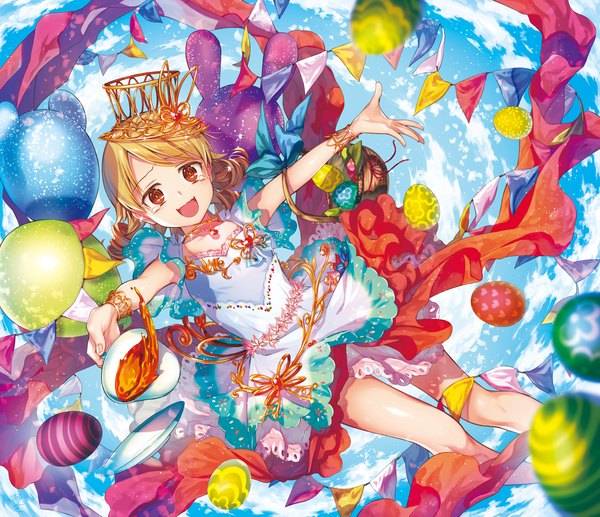 Anime picture 2000x1724 with idolmaster idolmaster cinderella girls morikubo nono okeno kamoku single highres short hair open mouth brown hair brown eyes sky cloud (clouds) :d tears drill hair spread arms girl dress hat cup