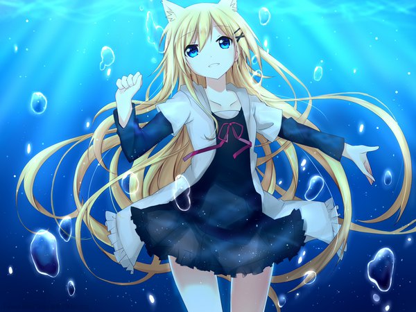 Anime picture 2000x1500 with original peneko single long hair looking at viewer fringe highres open mouth blue eyes blonde hair smile hair between eyes animal ears sunlight cat ears outstretched arm underwater girl dress black dress