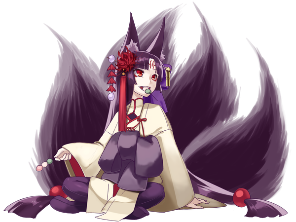 Anime picture 1333x1000 with original pixiv fantasia pixiv fantasia sword regalia nakasaki hydra single fringe open mouth black hair red eyes sitting twintails holding animal ears looking away full body tail animal tail hair flower wide sleeves arm support
