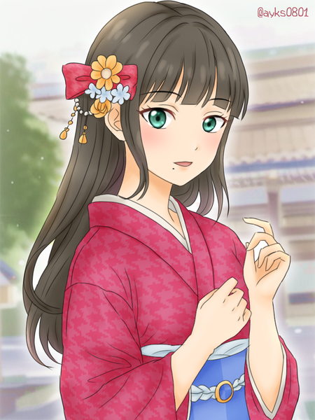 Anime picture 768x1024 with love live! sunshine!! sunrise (studio) love live! kurosawa dia user uanm8875 single long hair tall image looking at viewer blush fringe breasts open mouth black hair signed upper body blunt bangs traditional clothes japanese clothes aqua eyes
