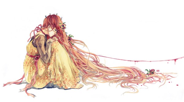 Anime picture 1280x711 with original clap-san single long hair blue eyes simple background wide image white background sitting signed red hair very long hair profile barefoot hair flower traditional media watercolor (medium) girl dress hair ornament