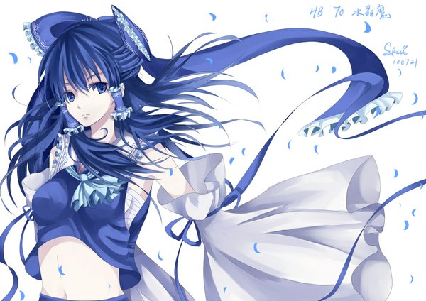 Anime picture 1000x707 with touhou hakurei reimu stari single long hair looking at viewer blue eyes simple background white background blue hair alternate color girl bow ribbon (ribbons) hair bow detached sleeves