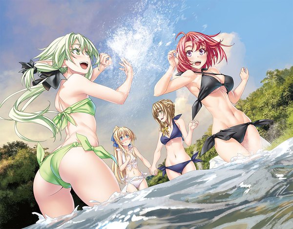 Anime picture 1000x781 with goblin slayer! high elf archer (goblin slayer!) priestess (goblin slayer!) cow girl (goblin slayer!) guild girl (goblin slayer!) kannatsuki noboru long hair blush fringe short hair breasts open mouth blue eyes light erotic blonde hair hair between eyes brown hair large breasts standing purple eyes