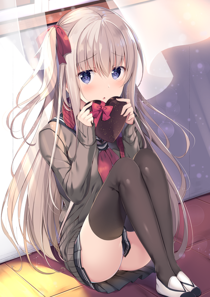 Anime picture 1254x1771 with original tomoo (tomo) single long hair tall image looking at viewer blush fringe open mouth blue eyes light erotic hair between eyes sitting holding payot silver hair full body bent knee (knees) indoors pleated skirt