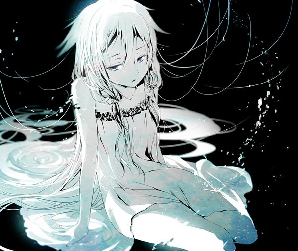 Anime picture 1191x1004 with vocaloid ia (vocaloid) rin (pixiv) fringe simple background sitting bare shoulders looking away white hair braid (braids) very long hair barefoot aqua eyes bare legs alternate costume twin braids black background pale skin alternate color girl
