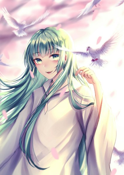 Anime picture 1527x2160 with fate (series) fate/strange fake enkidu (fate) yingsu jiang single long hair tall image looking at viewer blush fringe open mouth smile green eyes payot upper body outdoors arm up green hair wind wide sleeves