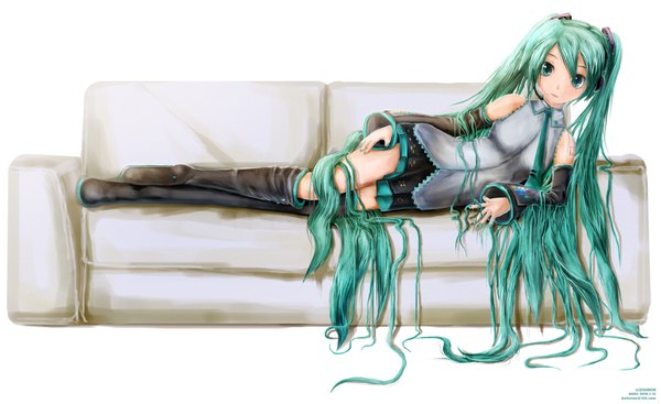 Anime picture 1800x1103 with vocaloid hatsune miku dxlsmax (lizhimin) highres wide image twintails bare shoulders lying very long hair aqua eyes aqua hair girl skirt detached sleeves miniskirt necktie thigh boots couch