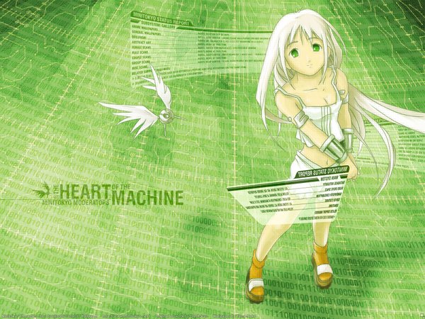 Anime picture 1600x1200 with long hair looking at viewer green eyes white hair inscription topless green background mechanical girl bracelet