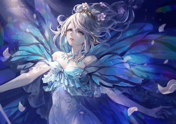 Anime picture 3507x2480 with final fantasy square enix titania (final fantasy) senano-yu single long hair fringe highres breasts blue eyes light erotic hair between eyes standing bare shoulders absurdres cleavage white hair pointy ears floating hair fantasy