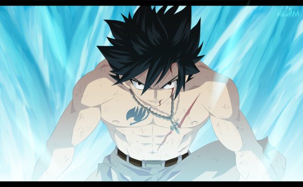 Anime picture 1881x1164 with fairy tail gray fullbuster fabiansm single highres short hair black hair smile wide image black eyes tattoo coloring magic letterboxed scar muscle boy blood pants cross
