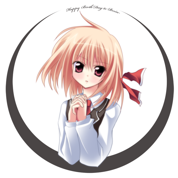 Anime picture 1000x1000 with touhou rumia ina (inadahime) single looking at viewer blush short hair blonde hair red eyes upper body happy birthday interlocked fingers girl ribbon (ribbons) hair ribbon shirt