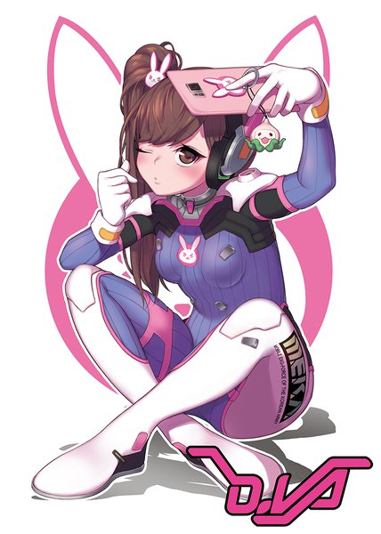 Anime picture 800x1121 with overwatch blizzard entertainment d.va (overwatch) pachimari konbu (hida123) single long hair tall image fringe brown hair white background sitting holding brown eyes looking away full body bent knee (knees) one eye closed arm up wink