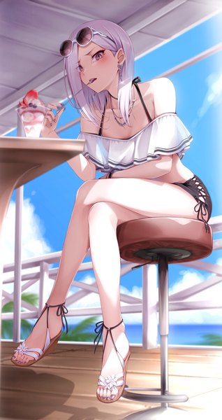 Anime picture 3067x5787 with original takagi mitsukuni single long hair tall image looking at viewer highres open mouth sitting holding brown eyes absurdres sky purple hair cloud (clouds) full body outdoors nail polish sunlight bare legs