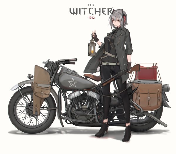 Anime picture 4175x3662 with arknights the witcher w (arknights) cjmy single fringe highres short hair open mouth simple background hair between eyes standing white background holding looking away absurdres full body ahoge nail polish :d