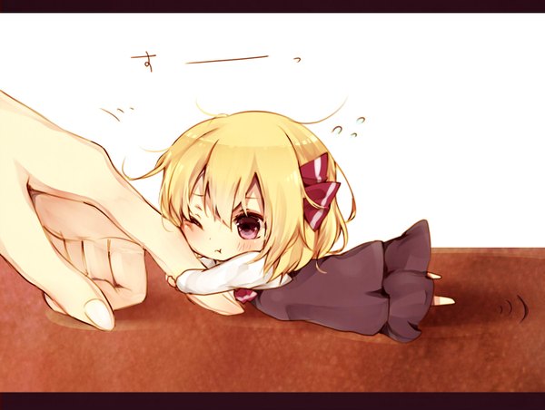Anime picture 1500x1130 with touhou rumia misa (kaeruhitode) short hair simple background blonde hair purple eyes looking away one eye closed solo focus chibi cute minigirl girl dress bow hair bow hand