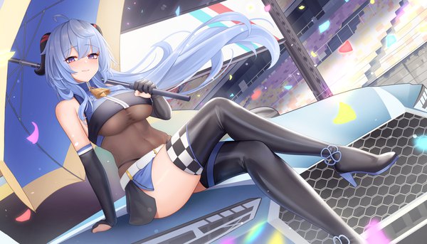 Anime picture 1736x992 with genshin impact ganyu (genshin impact) wei xiao single long hair looking at viewer blush fringe highres breasts light erotic hair between eyes wide image large breasts sitting purple eyes holding payot blue hair ahoge