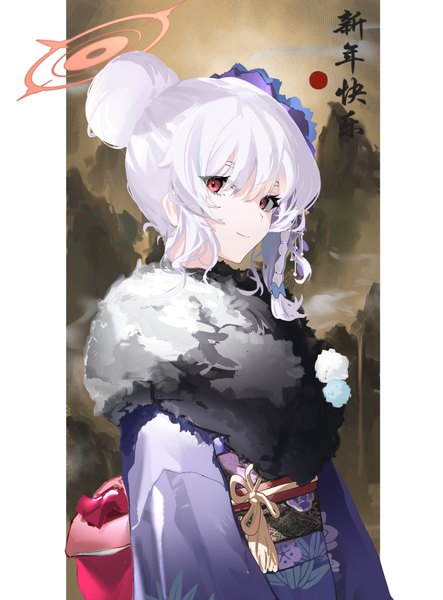 Anime picture 5900x8000 with blue archive haruna (blue archive) haruna (new year) (blue archive) mark jin single tall image looking at viewer highres short hair red eyes absurdres upper body white hair traditional clothes japanese clothes hair bun (hair buns) official alternate costume portrait new year pillarboxed