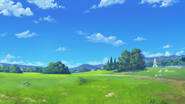 Anime picture 1280x720 with hyakka ryouran elixir senomoto hisashi wide image game cg sky cloud (clouds) horizon plant (plants) tree (trees) grass house path