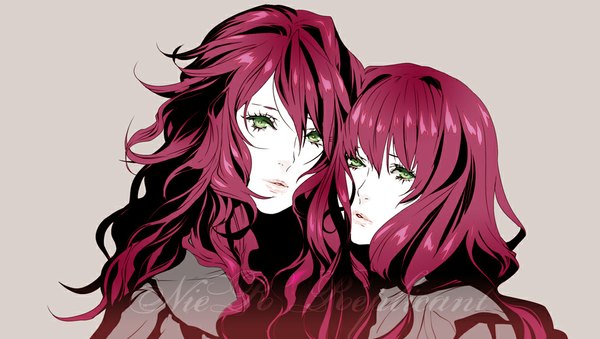 Anime picture 1000x566 with nier popola devola npn long hair looking at viewer fringe simple background wide image multiple girls green eyes red hair lips siblings twins sisters girl 2 girls