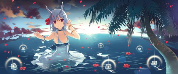 Anime picture 1920x804 with dj max dj max portable suee h2so4 single long hair looking at viewer highres light erotic red eyes wide image bare shoulders animal ears blue hair cloud (clouds) hair flower aqua hair wet evening light