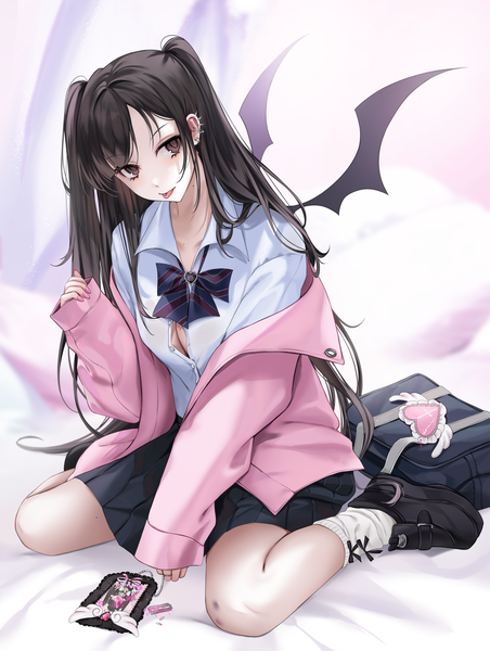 Anime picture 3768x5000 with original ompf single long hair tall image looking at viewer fringe highres breasts light erotic black hair sitting brown eyes absurdres bent knee (knees) long sleeves nail polish pleated skirt fingernails off shoulder