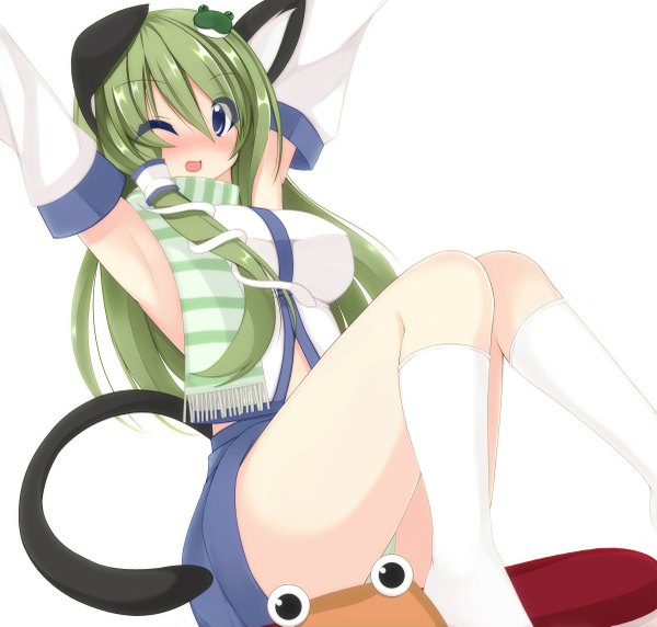 Anime picture 1200x1145 with touhou kochiya sanae chimunge single long hair blush open mouth blue eyes light erotic simple background white background animal ears tail animal tail one eye closed green hair wink cat ears armpit (armpits) cat girl