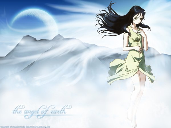 Anime picture 1280x960 with zaion: i wish you were here ai (zaion) single long hair black hair bare shoulders signed barefoot black eyes inscription hand on chest crescent girl dress wings sundress