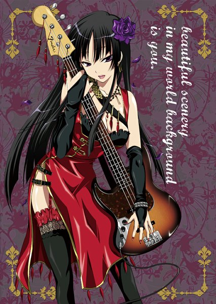 Anime picture 709x998 with k-on! kyoto animation akiyama mio inui sekihiko single long hair tall image looking at viewer open mouth black hair purple eyes girl thighhighs dress hair ornament black thighhighs guitar electric guitar