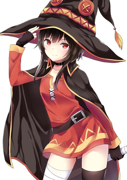 Anime picture 600x849 with kono subarashii sekai ni shukufuku wo! studio deen megumin kaetzchen single tall image looking at viewer blush fringe short hair black hair simple background red eyes white background holding light smile lacing adjusting hat girl thighhighs