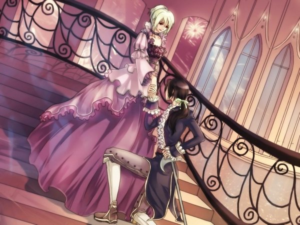 Anime picture 1024x768 with original zuowen blonde hair brown hair couple kneeling victorian dress ribbon (ribbons) sword stairs