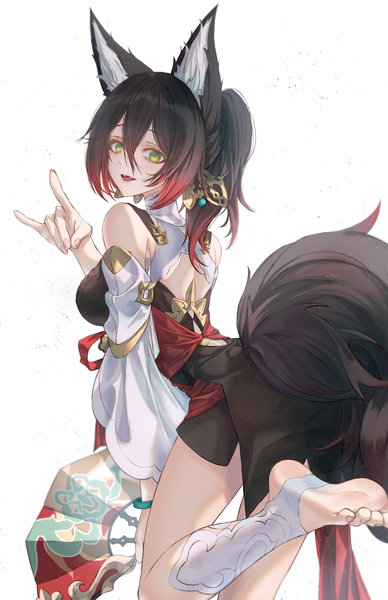Anime picture 971x1500 with honkai: star rail honkai (series) tingyun (honkai: star rail) neon (pixiv 31150749) single long hair tall image looking at viewer fringe open mouth black hair simple background hair between eyes standing white background bare shoulders green eyes animal ears ponytail tail