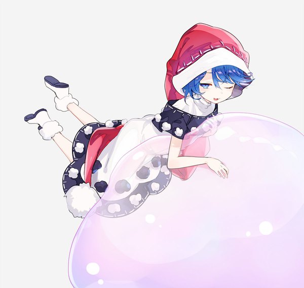 Anime picture 1200x1137 with touhou doremy sweet nuudoru single looking at viewer short hair open mouth blue eyes simple background smile blue hair full body lying one eye closed grey background on stomach girl dress hat shoes