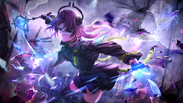 Anime picture 2000x1125 with original i-ron single long hair looking at viewer fringe highres hair between eyes wide image standing holding pink hair long sleeves wind black eyes open jacket city standing on one leg spread arms cityscape